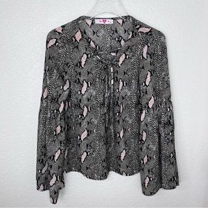 Buddy Love Women's Blouse Snake Print Bell Sleeves Lace Up Tie Neck